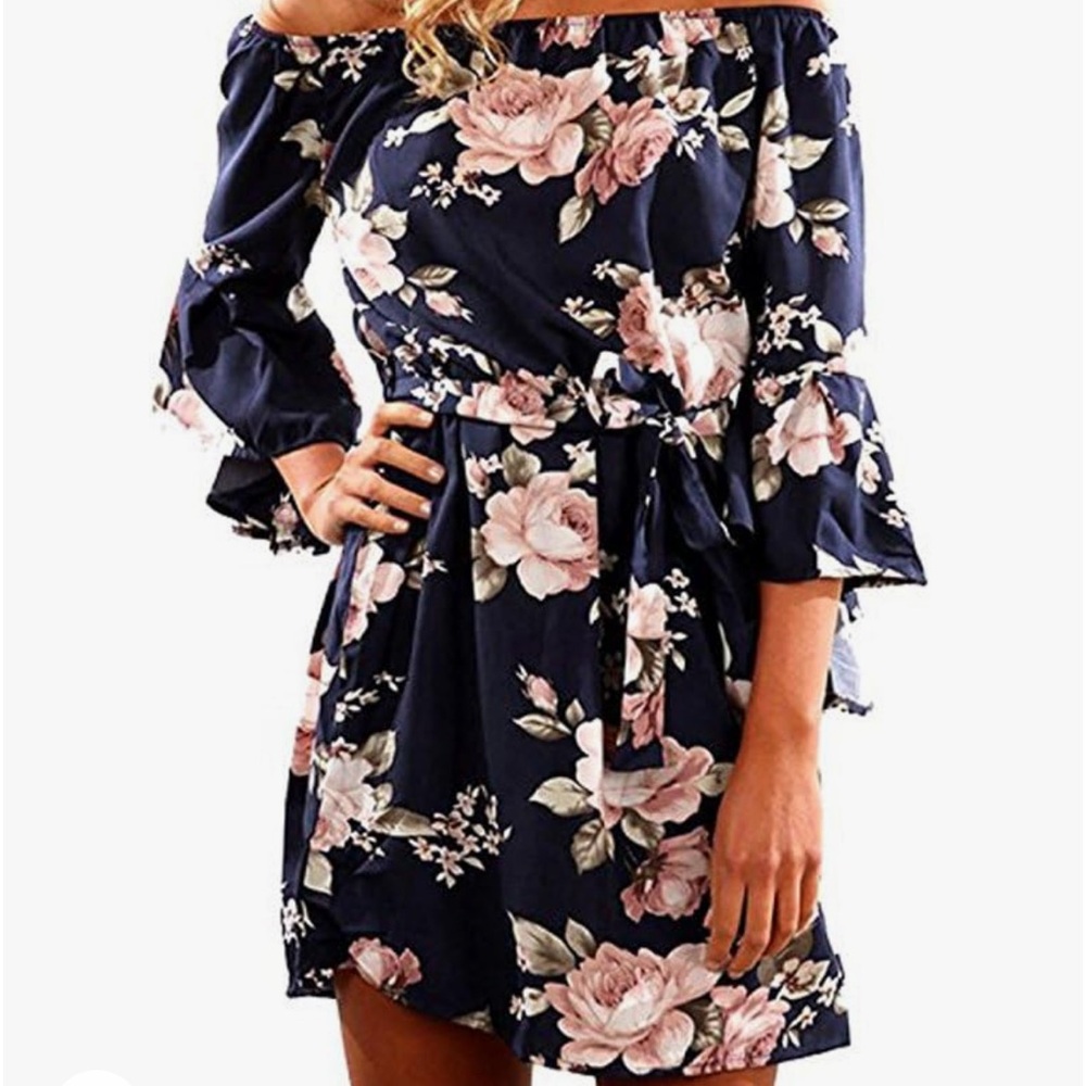 Blue Floral Off the Shoulder Dress
